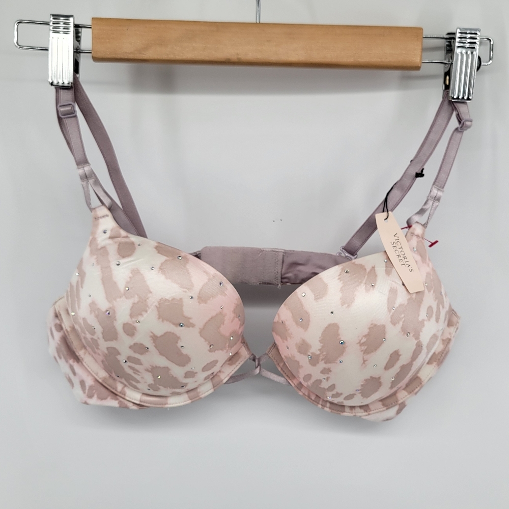 Victoria's Secret Miraculous Plunge Pink Rhinestone Underwire Bra 36A